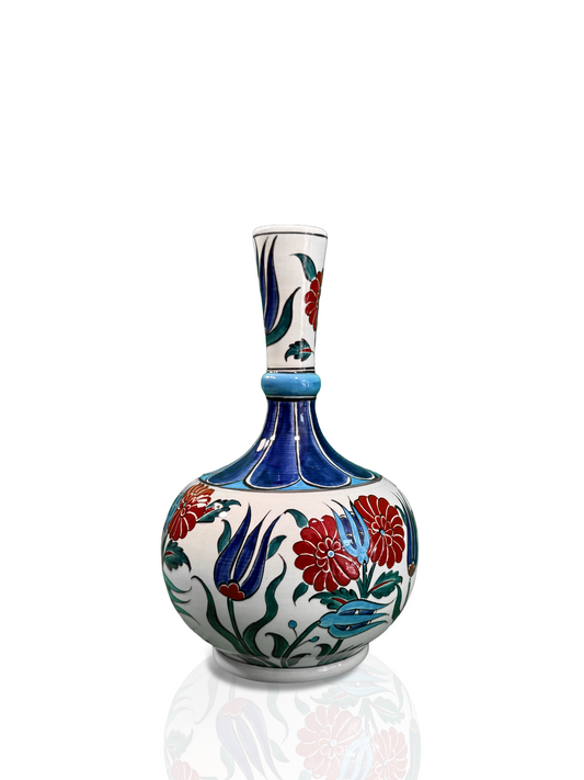 Sapphire Tulips and Coral Bouquet – Slender Neck Iznik Vase